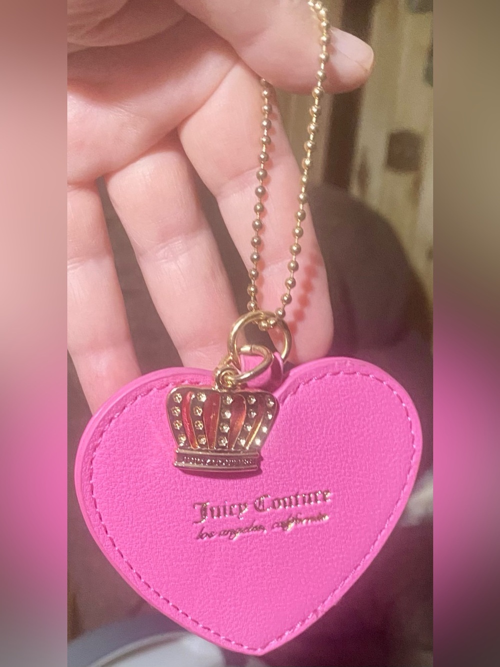 Juicy Couture pink faux leather heart charm w/gold-tone crown emblem ball chain